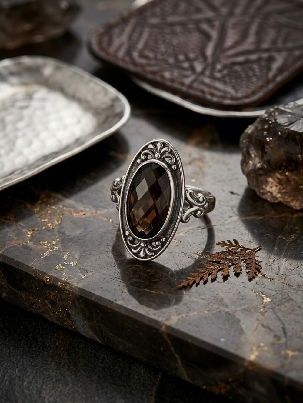 Vintage Doug Paulus Sterling Silver Oval Smokey Quartz Ring Size 9 Whimsigoth